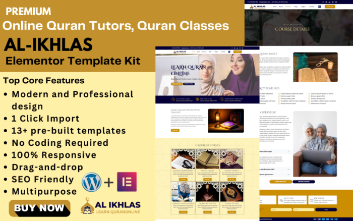 Al-İkhlas - Çevrimiçi Kur'an Eğitmenleri, Çevrimiçi Kur'an Dersleri Elementor Şablon Kiti WordPress