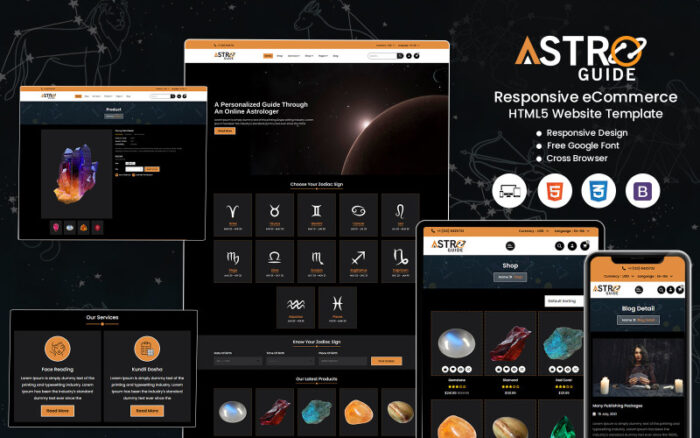 AstroGuide - Burçlar, Doğum Tabloları ve Manevi İçgörü için Özelleştirilebilir Astroloji HTML Şablonu