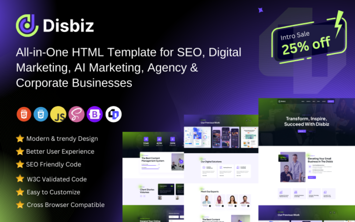 Disbiz- SEO, Dijital Pazarlama, Yapay Zeka Pazarlama, Ajans İşletmeleri için Modern HTML Şablonu