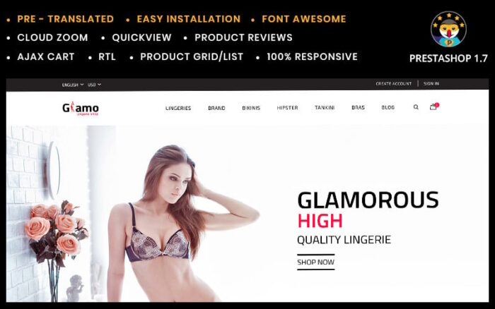 Glamo Lingerie Prestashop Mağaza Şablonu