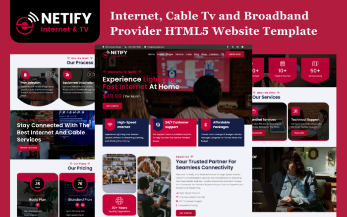 Netify - İnternet, Kablo TV ve Geniş Bant Sağlayıcı HTML5 Web Sitesi Şablonu