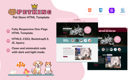 PETKING: Evcil Hayvan Dükkanları ve İşletmeler için Tek Sayfalık Duyarlı HTML Web Sitesi Şablonu