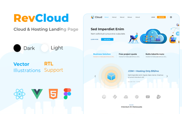 RevCloud - Bulut Barındırma HTML React Vue ve Figma Açılış Sayfası Şablonu